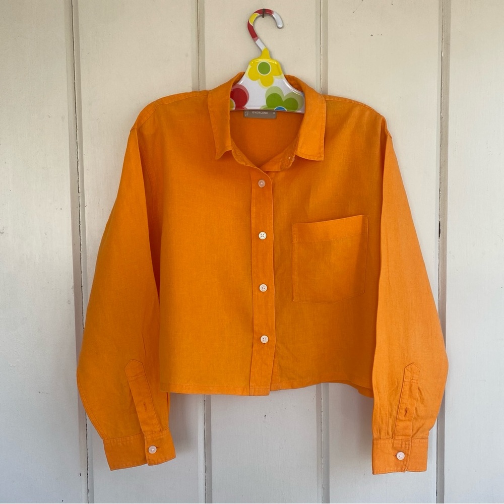 Everlane Bright Orange Cropped Button-up Linen Shirt